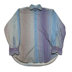 Thomas Dean Patterned Shirt Mens Medium Blue Multi Long Sleeve Button‎ Down